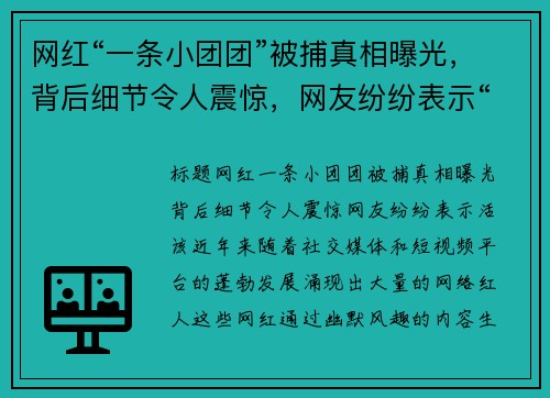 网红“一条小团团”被捕真相曝光，背后细节令人震惊，网友纷纷表示“活该”